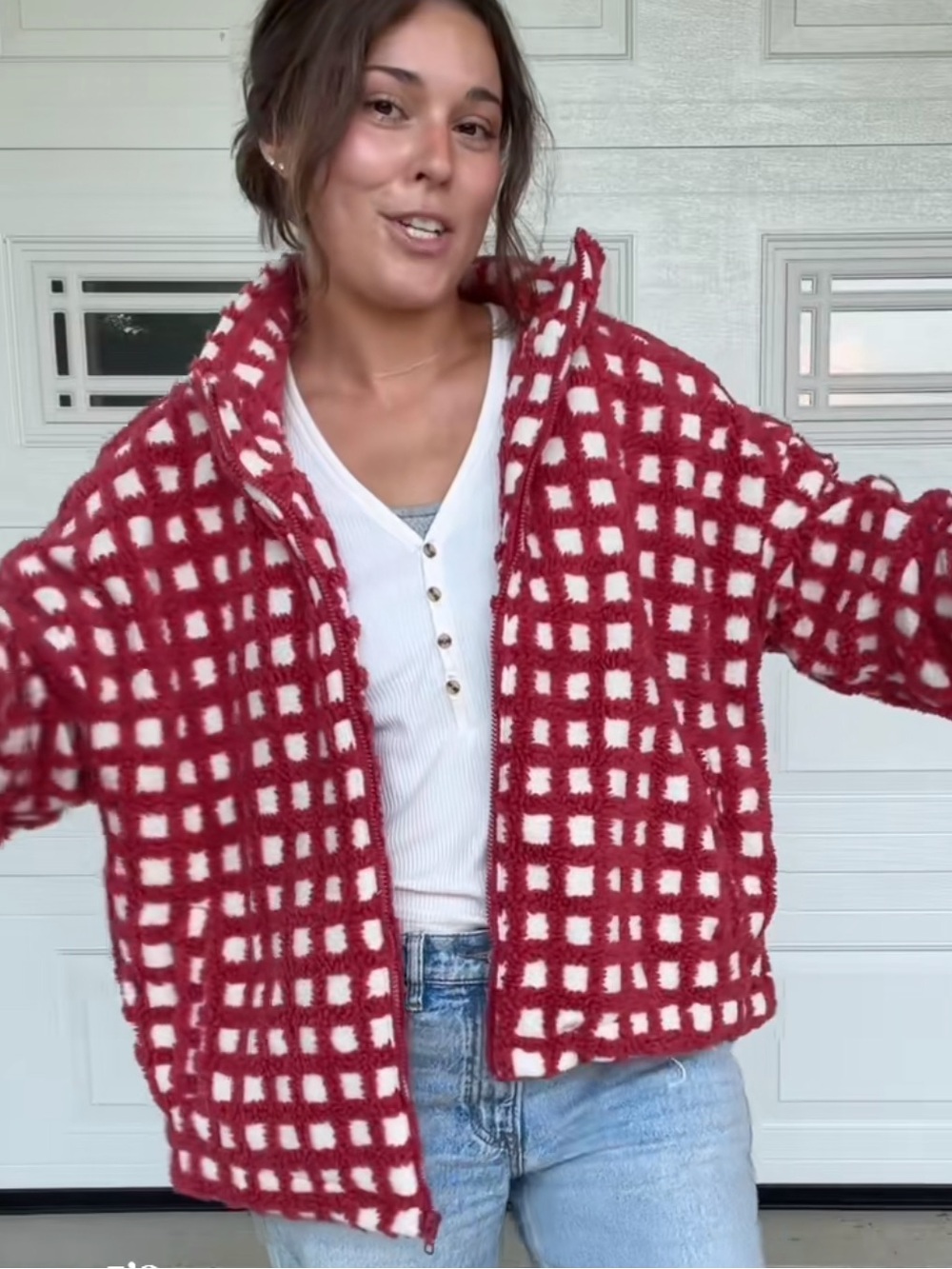 Gingham Fleece Jacket - Red & White